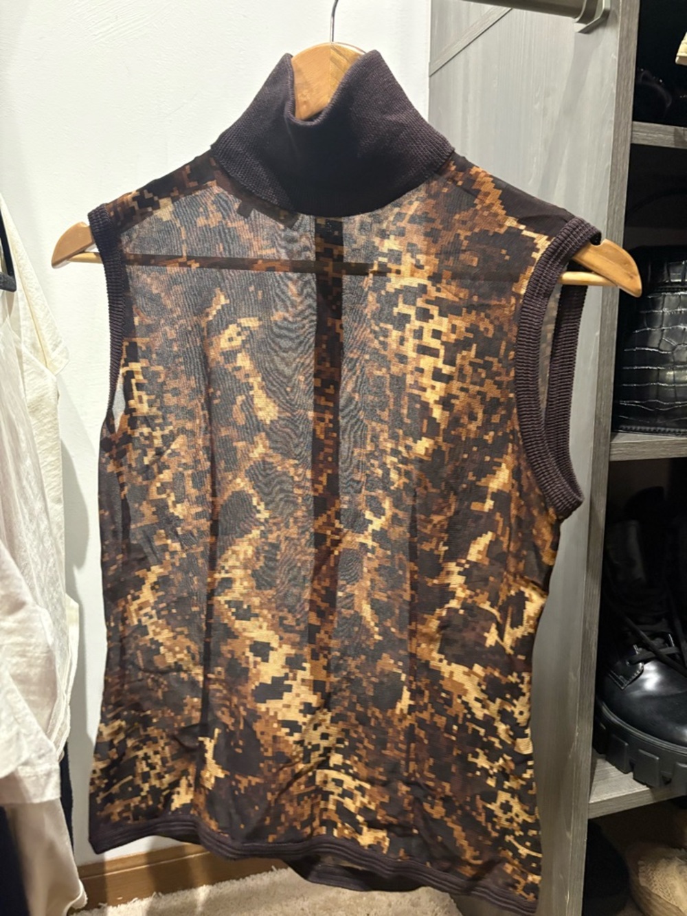 Emanuel Ungaro Brown and Tan Pixelated Sheer Sleeveless Turtleneck